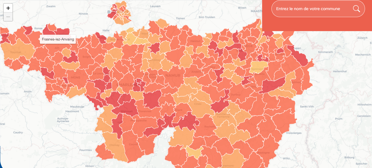 Carte de la Belgique montrant les taux de places en crèche 