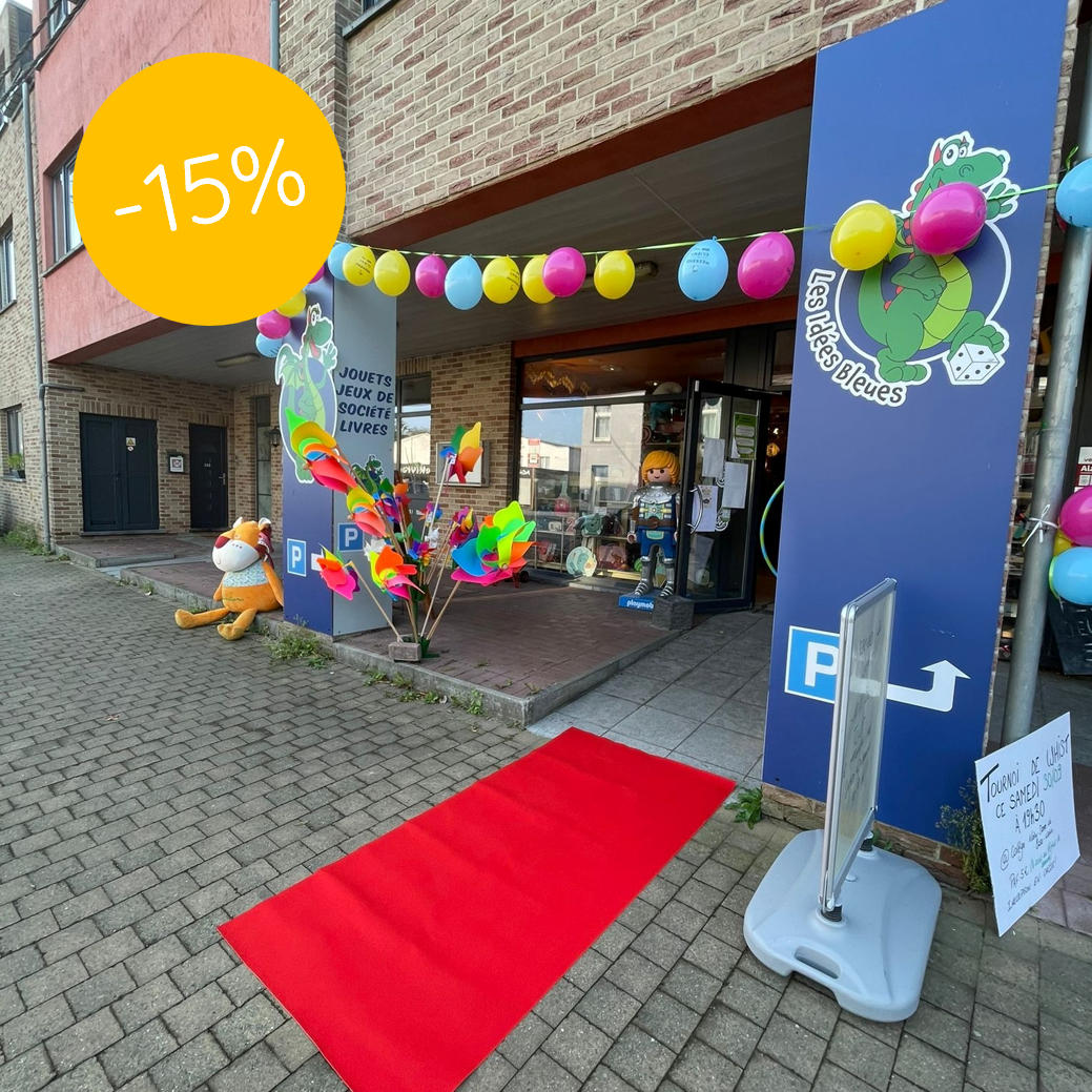 Devanture du magasin les Idées Bleues, 15 % de réduction pour les membres par la Ligue des familles